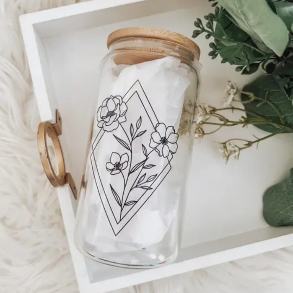 16oz Can glass tumbler, with bamboo lid & straw- geo